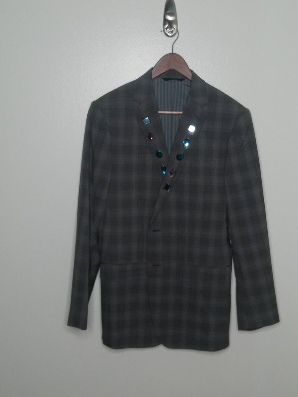Grey Windowpane Suit Coat with Gems